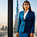 Modern Professional**

"A confident businesswoman in a stylish, modest business suit, standing in a sunlit Dubai office with a Burj Khalifa view, fully clothed, appropriate attire, safe for work, perfect anatomy, natural proportions, professional photography, high quality."

**