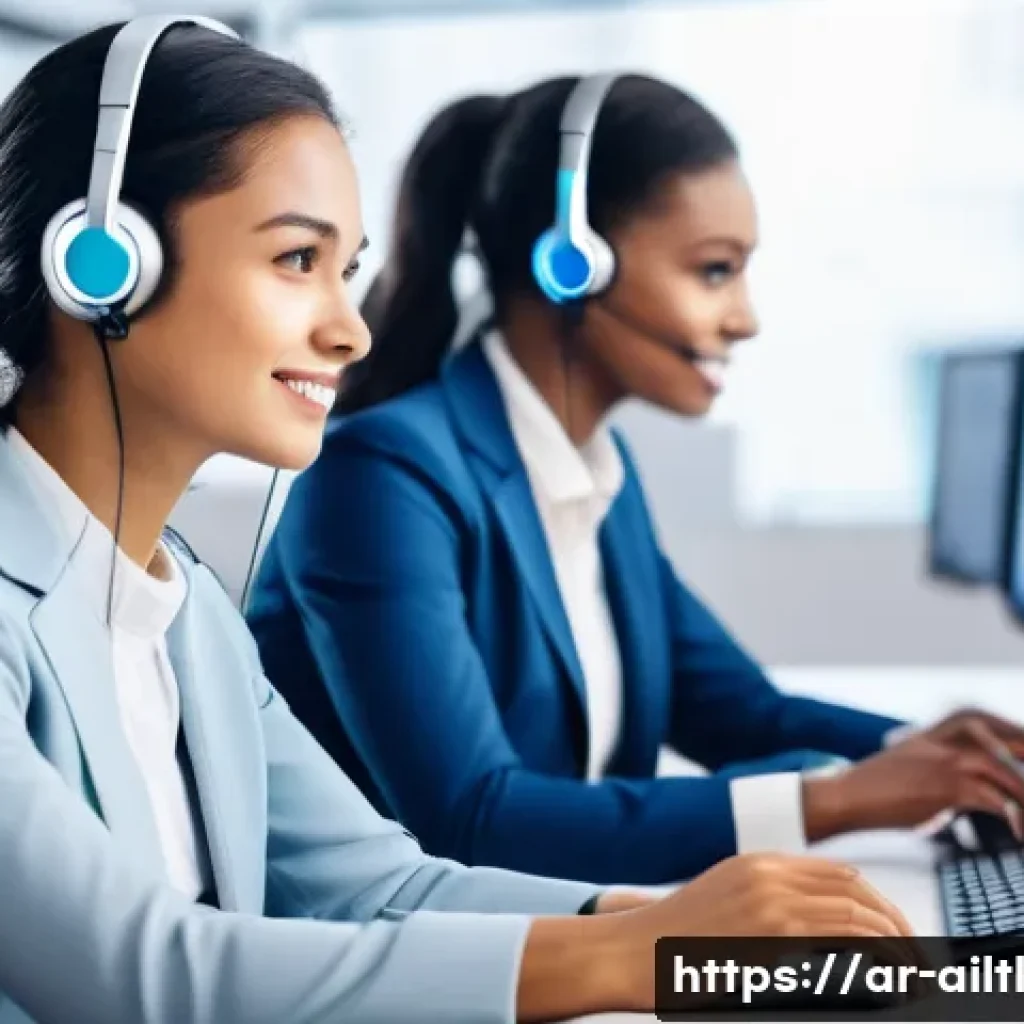 감정 인식 AI의 다국적 기업 사례 - **Emotional AI in Customer Service:** A high-tech customer service center, brightly lit and modern. ...