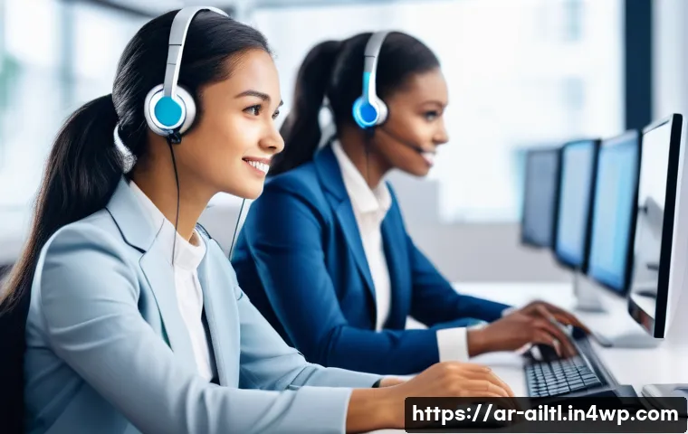 감정 인식 AI의 다국적 기업 사례 - **Emotional AI in Customer Service:** A high-tech customer service center, brightly lit and modern. ...