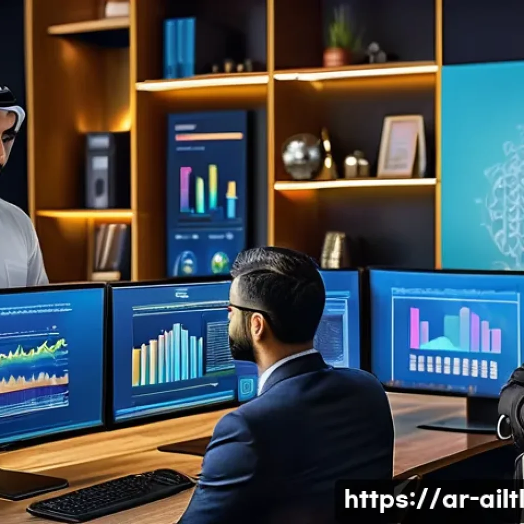감정 인식 AI와 비즈니스 인사이트 - A modern Middle Eastern business office scene with diverse Arab professionals analyzing AI-driven cu...