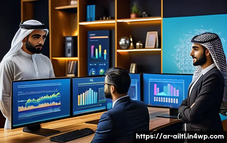 감정 인식 AI와 비즈니스 인사이트 - A modern Middle Eastern business office scene with diverse Arab professionals analyzing AI-driven cu...