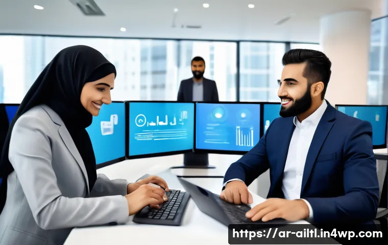 감정 인식 AI와 고객 만족도 조사 - A modern Middle Eastern customer service center with diverse Arabic-speaking professionals using AI-...
