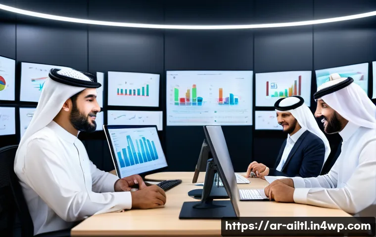 감정 인식 AI 서비스의 가격 비교 - A modern office scene in Riyadh, Saudi Arabia, showing a diverse team of Arabic professionals using ...