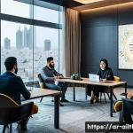 감정 인식 AI 도구 비교 분석 - A modern digital marketing office scene focused on an Arabic-speaking team analyzing social media se...