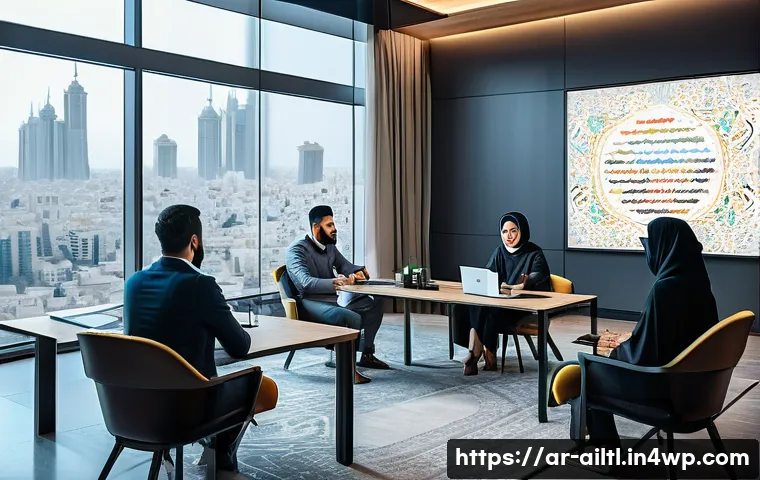 감정 인식 AI 도구 비교 분석 - A modern digital marketing office scene focused on an Arabic-speaking team analyzing social media se...