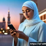 감정 인식 AI의 윤리적 문제 - A sophisticated Arabic woman in modern modest attire using a smartphone with an augmented reality in...
